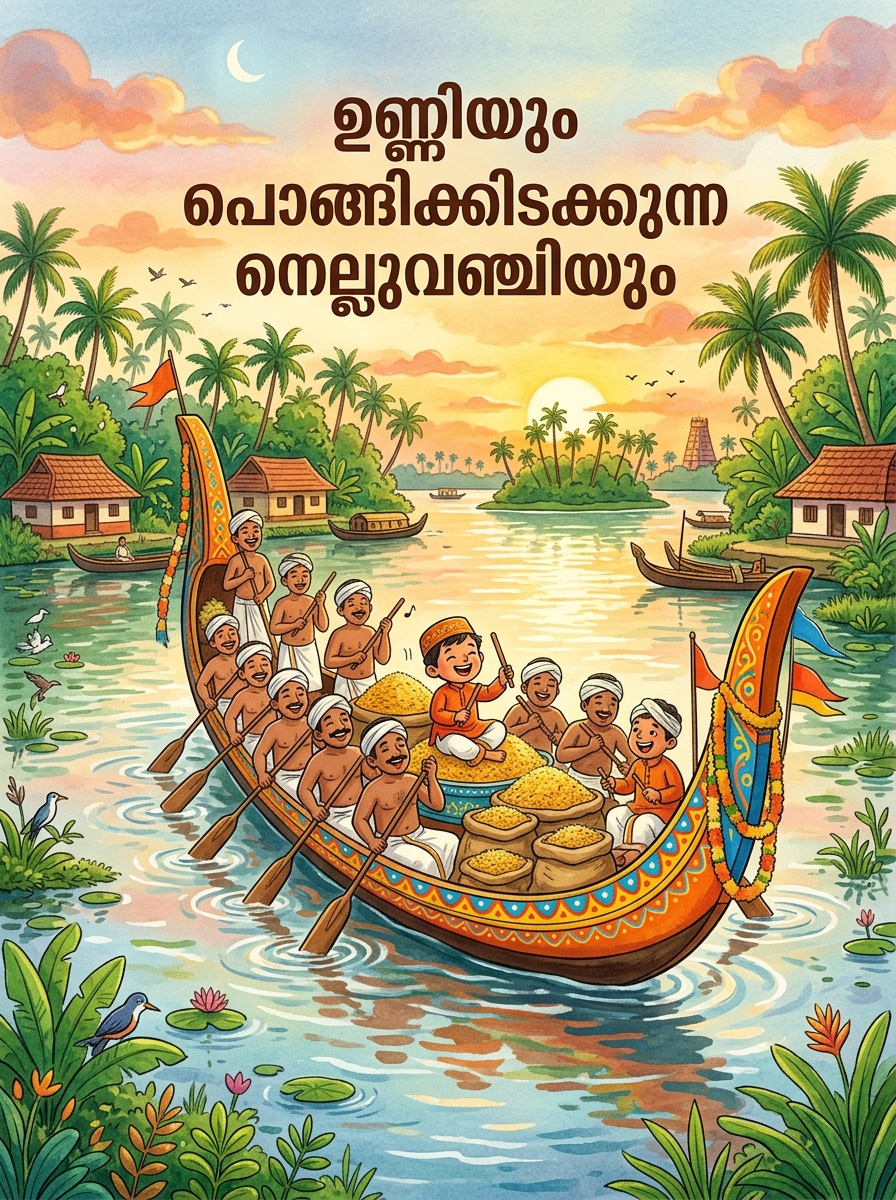 ഉണ്ണിയും പൊങ്ങിക്കിടക്കുന്ന നെല്ലുവഞ്ചിയും - personalised storybook cover from Build Your Book (in Malayalam (ML))